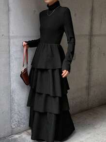 FRIFUL Váy dài tay họa tiết bèo nhún đơn giản, tối giản dành cho nữ, mùa thu, quần áo nữ mùa thu - màu đen - Xem 2