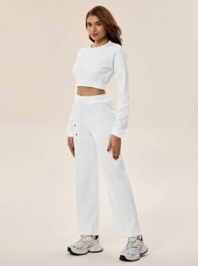 SHEIN Sports 休闲纯色落肩上衣和长裤运动套装，秋季 - 白色 - 查看 5