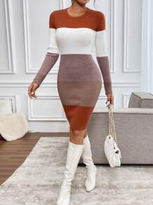 SHEIN Clasi Damska zimowa sukienka dzianinowa Slim Fit S-Curve Color Block w stylu seksownej dzianiny