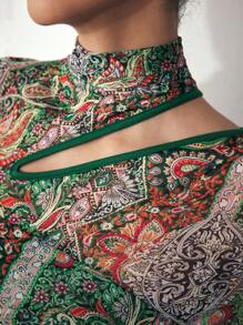 Maija 女士秋冬巴黎图案印花立领镂空长袖修身紧身衣，百搭日常穿着