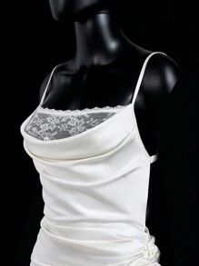 SHEIN ICON ICON Solid-Color Elegant Satin Ruched Contrast Lace Backless Slip Formal Prom Women Dresses - White - View 5