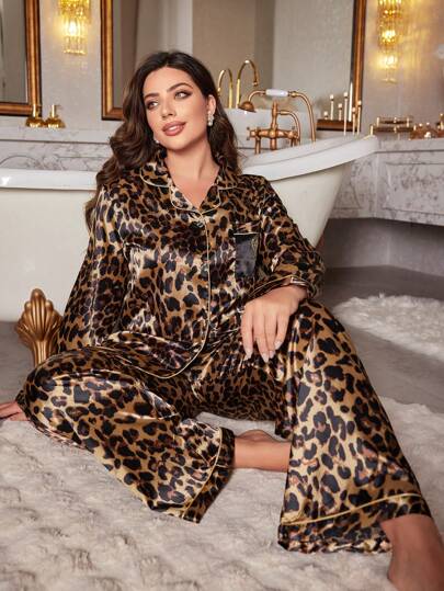 Plus Size Elegant Leopard Print Embroidered Pocket Faux Silk Pajama Set