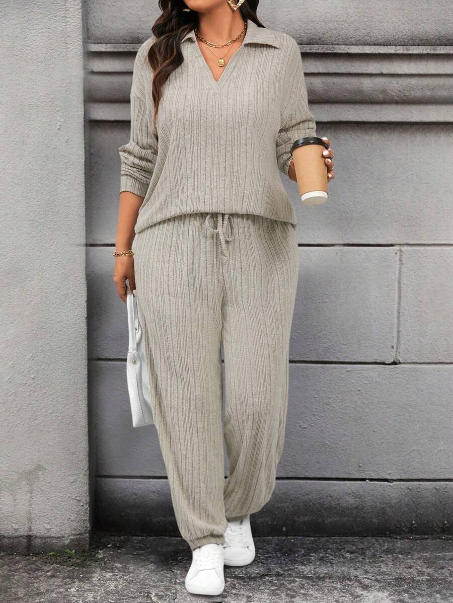 Calvaya 2pcs/Set Plus Size Solid Color Ribbed Long Sleeve Top And Drawstring Long Pants Fall - Apricot - View 1