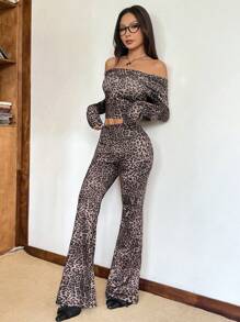 SHEIN EZwear Women's Leopard Print Off Shoulder Long Sleeve Top And Pants 2 Pieces Set - Black - View 5