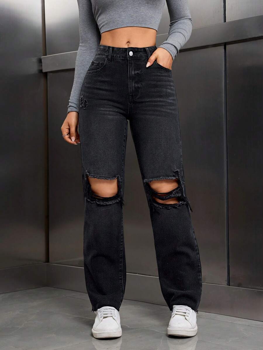 SHEIN Tall Quần Jeans Denim Nữ Thường Ngày Có Túi Cài Nút Phía Trước, Kiểu Dáng Cơ Bản - màu đen - Xem 1