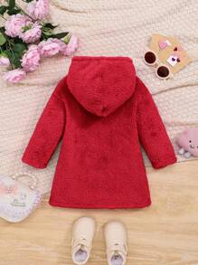 SHEIN Babygirl 休闲粉色蓬松衬里连帽连衣裙 - 紅色 - 查看 2