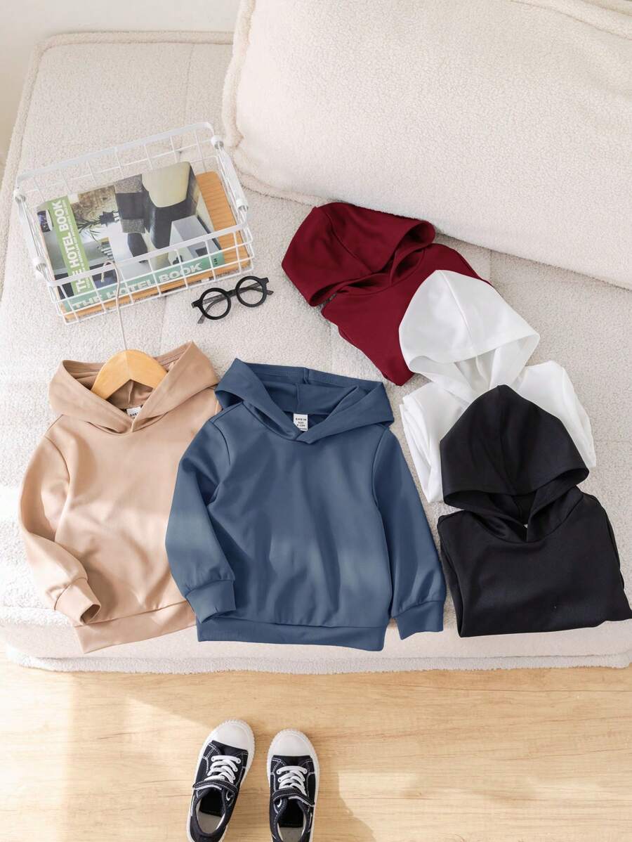 SHEIN Leap Crew 5件/包 男女宝宝可爱休闲纯色套头卫衣，百搭易穿，适合秋冬季节，幼儿园、户外、运动、日常穿着 - 彩色 - 查看 1