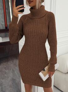 Chiquease 女士纯色高领长袖休闲短款毛衣连衣裙 - 鏽棕色 - 查看 1