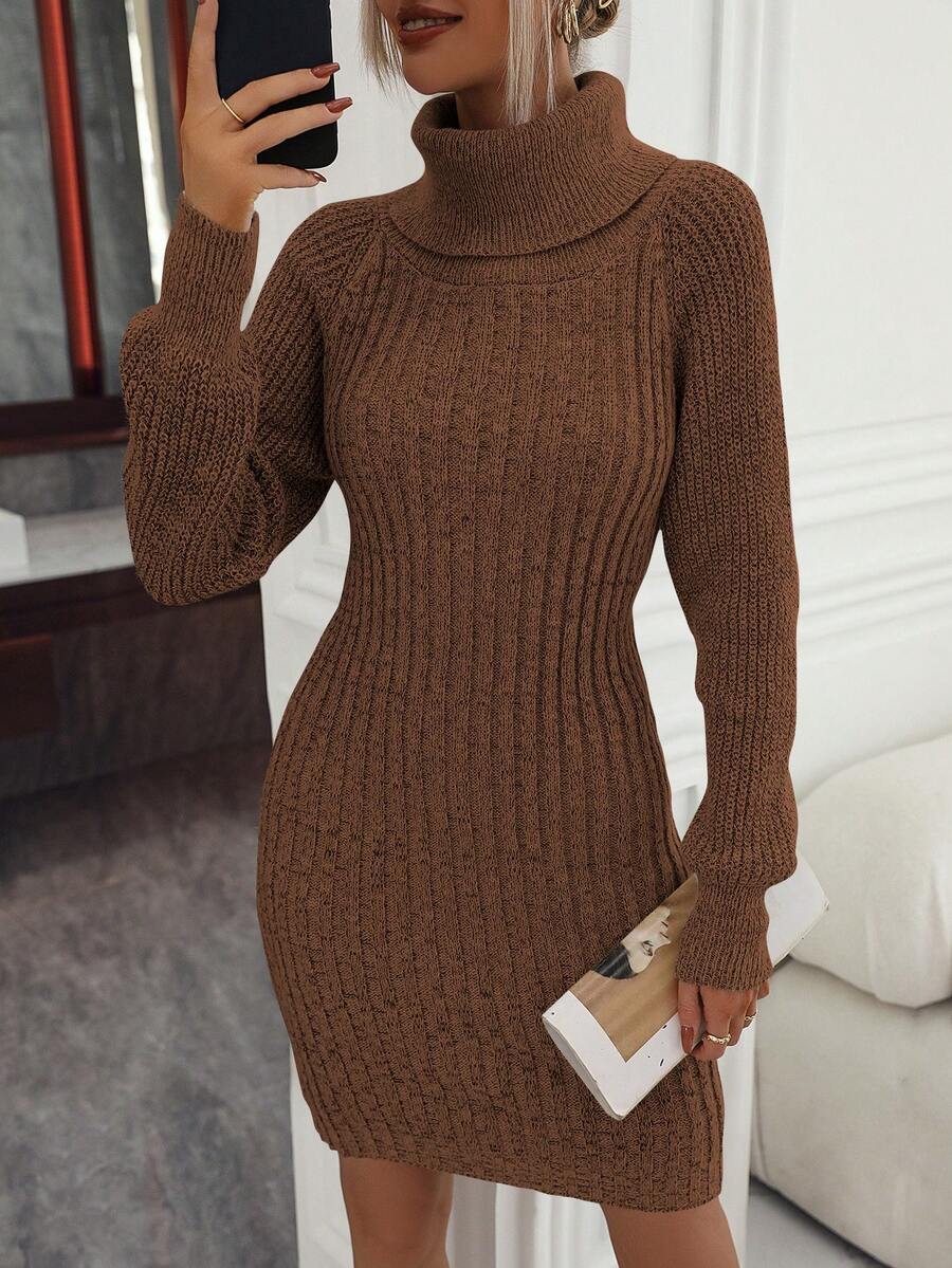 Chiquease 女士纯色高领长袖休闲短款毛衣连衣裙 - 鏽棕色 - 查看 1