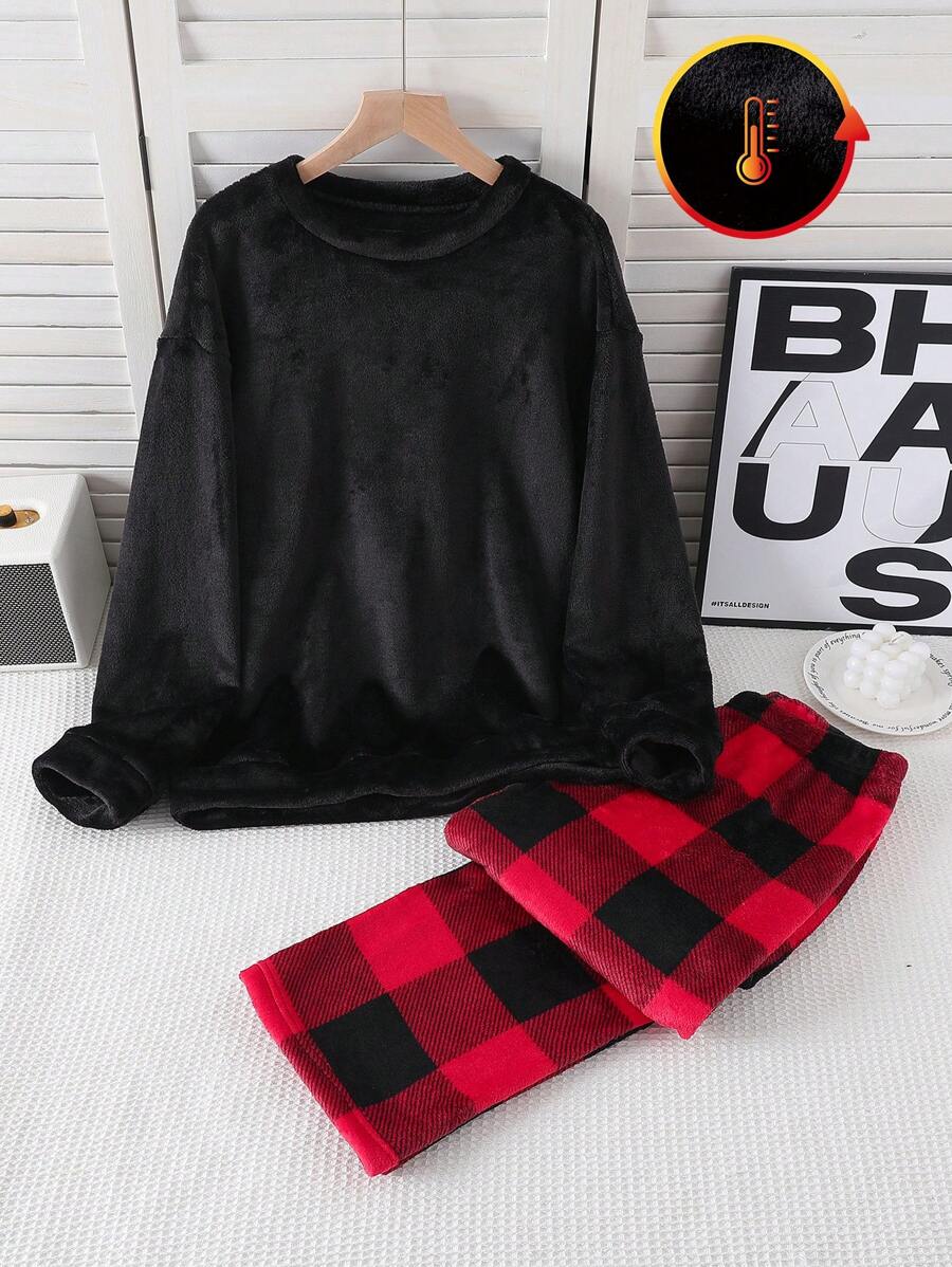 Winter Teen Girls Pajamas Set, Plaid Fleece Pants And Solid Long Sleeve Top, Casual Homewear 2 Pieces Outfit, Sibling/Matching (Sold Separately) - Black - View 1