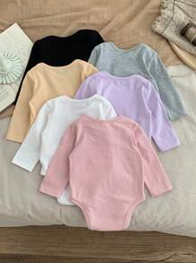 SHEIN Bộ đồ liền thân dài tay cổ tròn dệt kim cho bé gái sơ sinh/Unisex, Mua 1 tặng 5 - màu đen - Xem 2