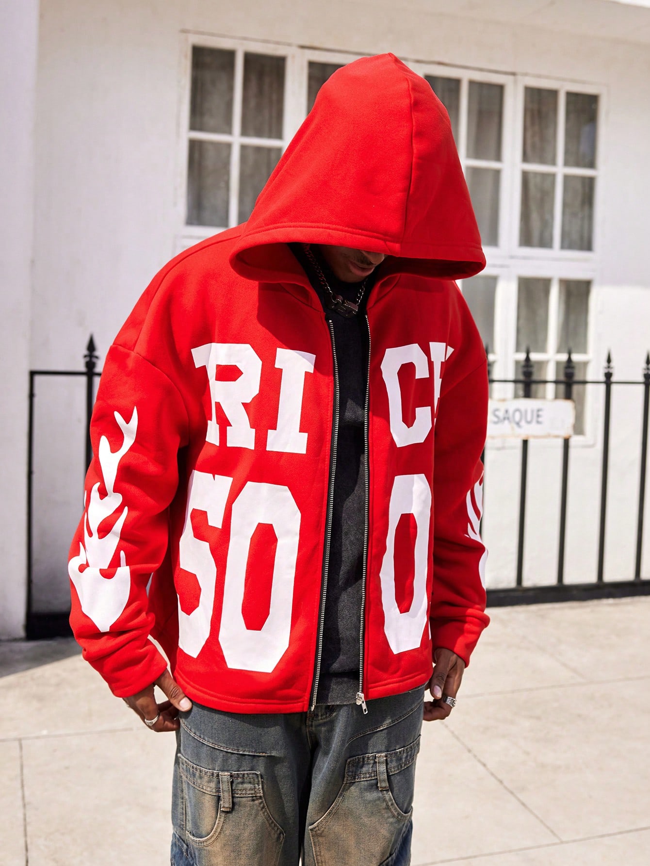 Manfinity Dauomo Plus Size Men's Letter Graphic Dropped Shoulder Long Sleeve Zip Up Casual Hoodie Sweatshirt, Autumn