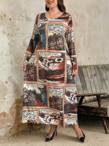 SHEIN LUNE Robe de style décontracté longue avec imprimé de bande dessinée, tailles grandes pour l'automne