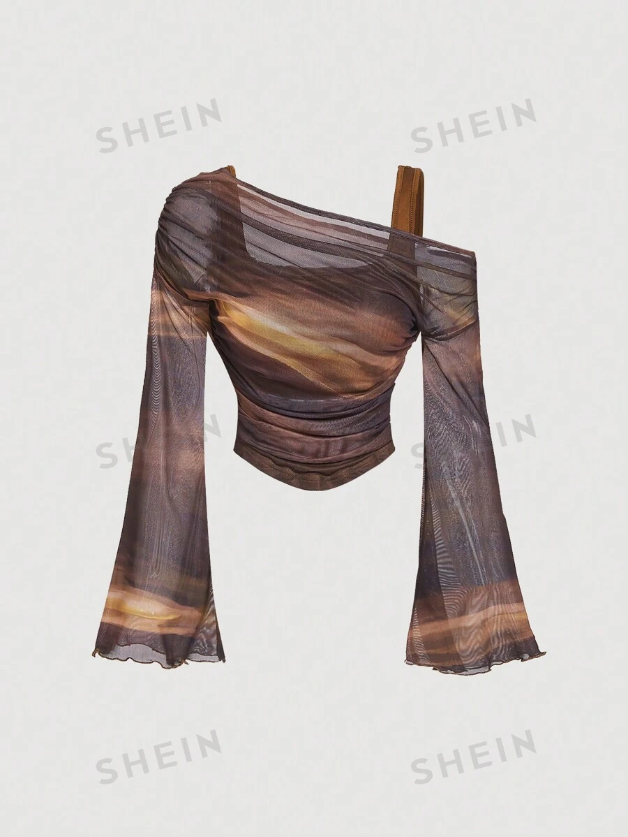 SHEIN MOD Blusa de mujer con mangas de trompeta de 2 en 1 de malla con hombros descubiertos, estilo occidental, vintage, años 70, The Bachelorette