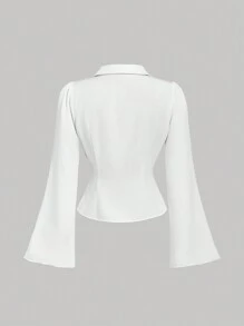 SHEIN MOD 女式 V 领荷叶边喇叭袖衬衫，收腰，黑色长袖衬衫，女巫服装，纽扣衬衫，音乐会女装，服装，机场女装 - 白色 - 查看 2