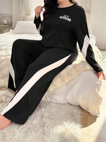 1set Plus Size Color Block Letter Print Long Sleeve Top And Pants Sleepwear Lounge Set - Black - View 1