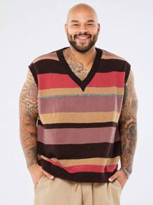 Manfinity NXTstreet Plus Size Men's Casual Striped Contrast V-Neck Loose Knit Sweater Vest