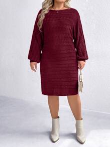 SHEIN LUNE Plus Size Twist Floral Patterned Wine Red Batwing Sleeve Sweater Dress, Casual Autumn/Winter - Burgundy - View 5