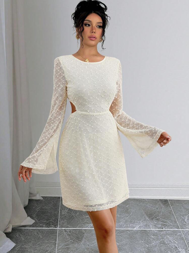 Chiquease 2024 Novo Vestido Elegante Feminino de Outono e Inverno com Recortes, Decote Nas Costas e Design de Amarração na Manga com Aberturas - Damasco - Visão 5