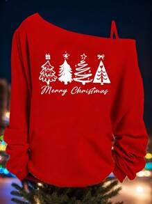 SHEIN LUNE Christmas Plus Size Women Casual Minimalist Christmas Tree Print Asymmetrical Shoulder Round Neck Sleeveless T-Shirt - Red - View 1