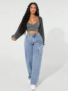 SHEIN BAE Fashion Women's Versatile Washed Front Pocket Loose Straight-Leg Jeans - Light Wash - View 6