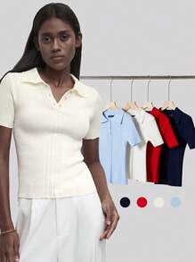 BizChic Top de Malha com Gola Polo Elegante, Manga Curta, Ajustada e Graciosa