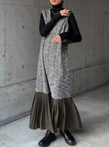 FRIFUL 女式休闲中长连衣裙，撞色褶边，无袖圆领格子