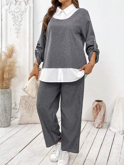 EMERY ROSE Plus Size Women Color Block Long Sleeve Shirt And Pants 2 Pieces Set, Autumn Fall Cloth For Women