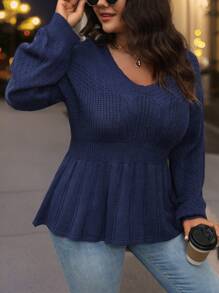 SHEIN LUNE Plus Size Women's Solid Color V-Neck Long Sleeve Ruffled Hem Casual Pullover Sweater Knit Pullover Fall Winter - Navy Blue - View 3