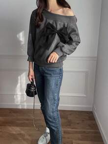 FRIFUL 1 件女士休闲露肩蝴蝶结装饰运动衫，秋冬 - 灰色 - 查看 2