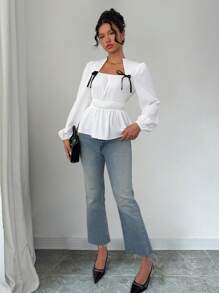 Chiquease 女士休闲衬衫，蝴蝶结设计，不对称方领，灯笼袖，腰部褶皱细节，适合春秋季节荷叶边上衣 - 白色 - 查看 5