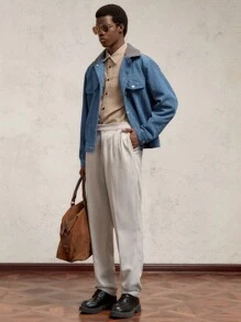 AKNOTIC Business Casual Áo khoác nam cổ raglan rộng rãi, cài nút kim loại phía trước, màu xanh lam, nhiều túi, thiết kế tách rời, phù hợp mặc hàng ngày vào mùa thu/đông, phụ kiện dây xích kim loại, phụ kiện kim loại chữ cái, viền nhung kẻ và lông cừu tương phản màu - Màu xanh lam - Xem 5