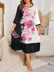Plus Size Butterfly & Floral Contrast Color Block Ruffle Hem Nightgown - Multicolor - View 6