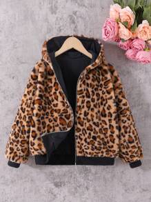 SHEIN Serisse Kids 青少年女孩温暖休闲连帽衫宽松泰迪羊毛豹纹双面可翻转动物印花蓬松冬季夹克/外套，秋冬保暖，日常穿着