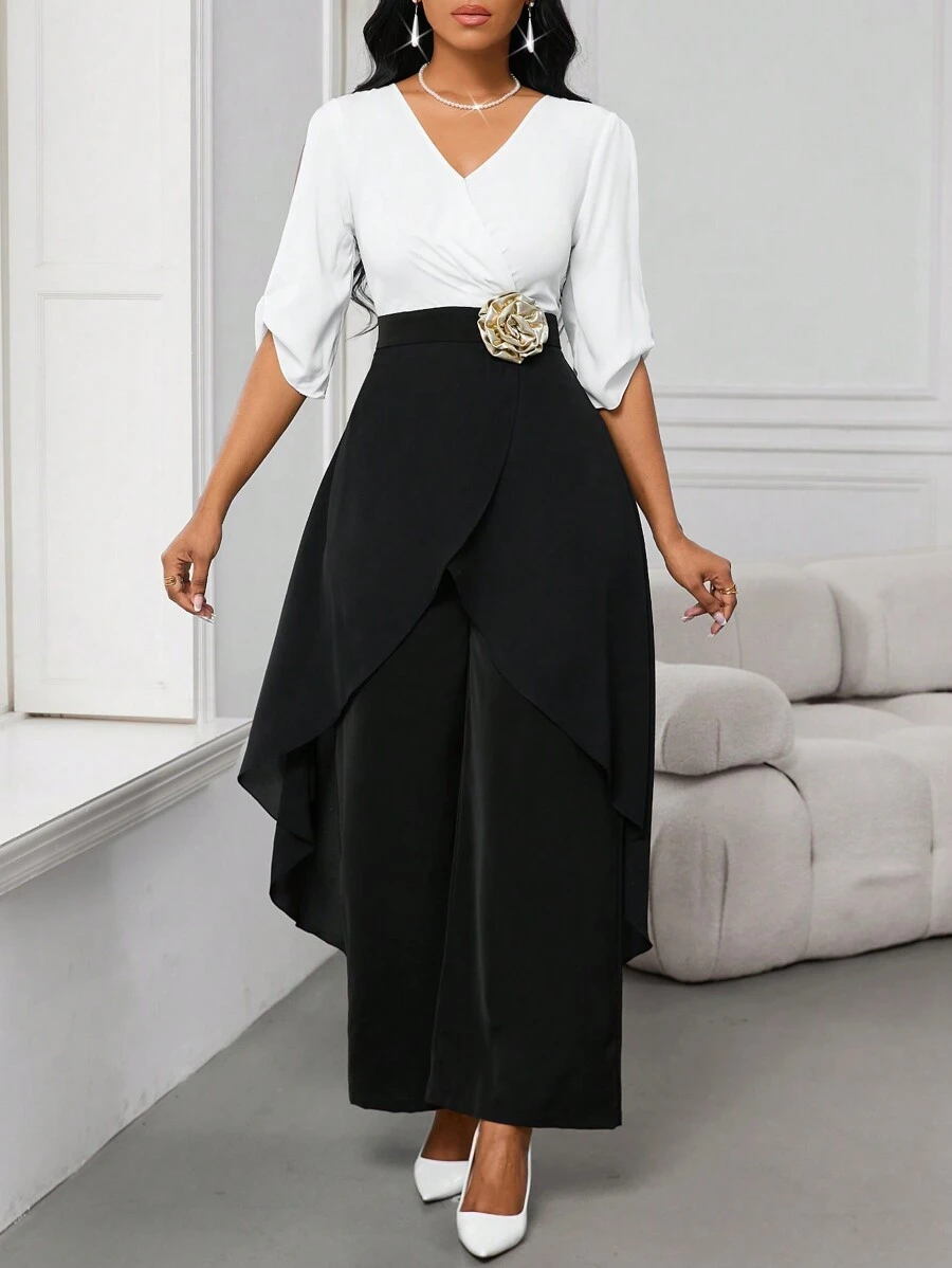 SHEIN Lady 女士时尚优雅休闲通勤 3D 花卉装饰不对称下摆黑色连体裤 - 彩色 - 查看 1