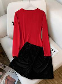 Chiquease Bộ 2 món/bộ áo cánh nơ dự tiệc Giáng sinh thanh lịch cho nữ và quần short nhung - Nhiều màu - Xem 2