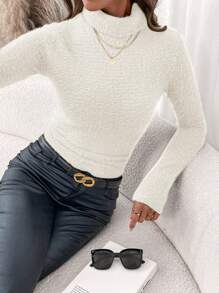 SHEIN Clasi 冬季优雅女士温暖舒适长袖高领仿毛衣弹力修身T恤 - 杏色 - 查看 4