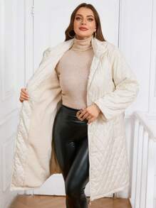 SHEIN Clasi Plus Size Women Solid Color Zip Up Casual Padded Coat, Winter