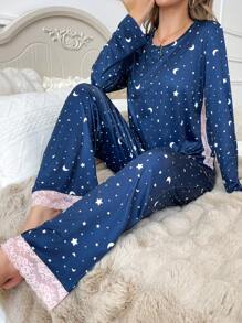 Bộ đồ ngủ dài tay in hình bầu trời đầy sao cho nữ và quần ren tương phản, thoải mái - Nhiều màu - Xem 4