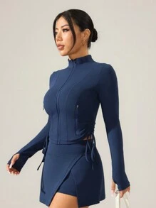 SHEIN Sports Solid Color Stand Collar Zip-Up Pockets Slim Fit Long Sleeve Athletic Jacket