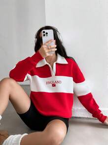 EURMUSE 学院风旗帜刺绣羊毛背面拼色领口运动衫