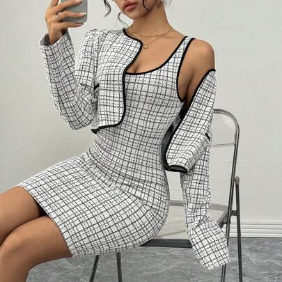 프렌치 스타일 라운드 넥 블랙 & 화이트 부클 대비 트림 짧은 재킷 & 민소매 백 지퍼 블랙 버튼 장식 미니 드레스 2 피스 세트, 가을/겨울