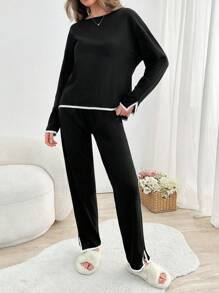 EURMUSE 2pcs Cotton Contrast Colour Piping With Slit Detail Homewear Set - Black - View 3