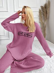 RueChic Letter Graphic Drop Shoulder Lounge Set - Pink - View 1