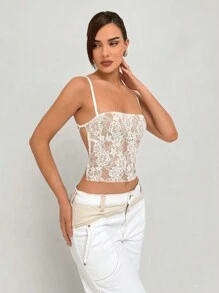 Aloruh Romantic Date Halter Lace White Women Tank Top With Backless Design