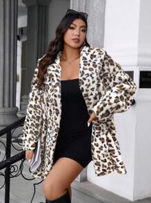 Allurite Plus Size Open Front Leopard Print Casual Long Sleeve Jacket For Everyday Wear - Beige - View 4
