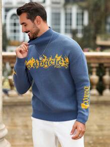 Manfinity Homme 男士休闲火焰与字母印花拼色套头高领长袖毛衣，适合工作、朋友 - 藍色 - 查看 3