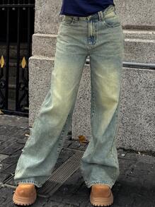 Women's Simple Front Button Pocket Wide Leg Casual Jeans