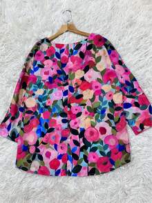 花卉印花V领上衣，春夏休闲七分袖上衣，女士服装 - 粉色 - 查看 2