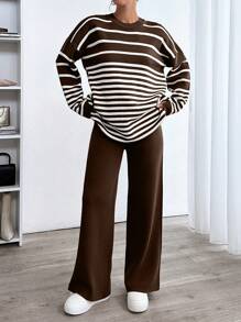 EURMUSE Woman Striped Crew Neck Casual Comfy Warm Sweater Pants Co-Ords - Brown - View 4